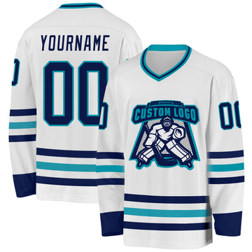 Custom White Navy-Teal Hockey Jersey