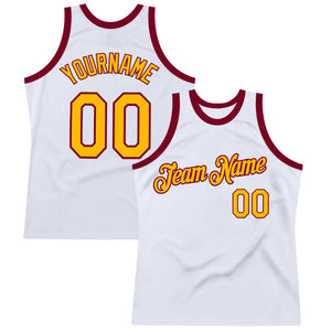 Custom White Gold-Maroon Authentic Throwback Basketball Jersey