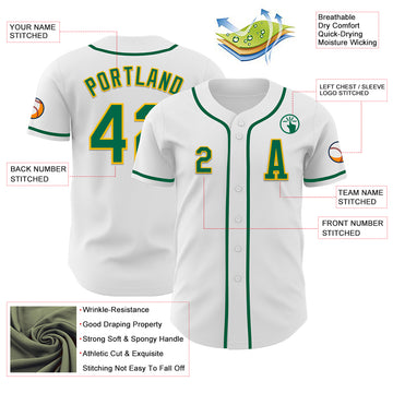 Custom White Kelly Green-Gold Authentic Baseball Jersey