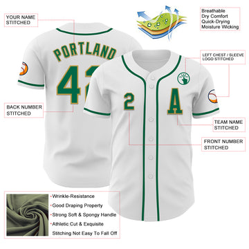 Custom White Kelly Green-Old Gold Authentic Baseball Jersey