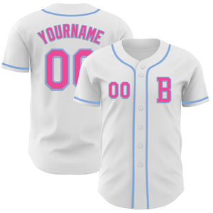 Custom White Pink-Light Blue Authentic Baseball Jersey