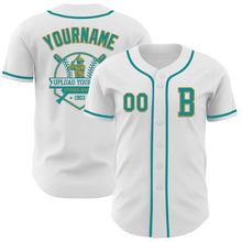 Load image into Gallery viewer, Custom White Teal-Old Gold Authentic Baseball Jersey
