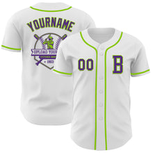 Load image into Gallery viewer, Custom White Purple-Neon Green Authentic Baseball Jersey
