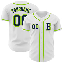 Load image into Gallery viewer, Custom White Navy-Neon Green Authentic Baseball Jersey
