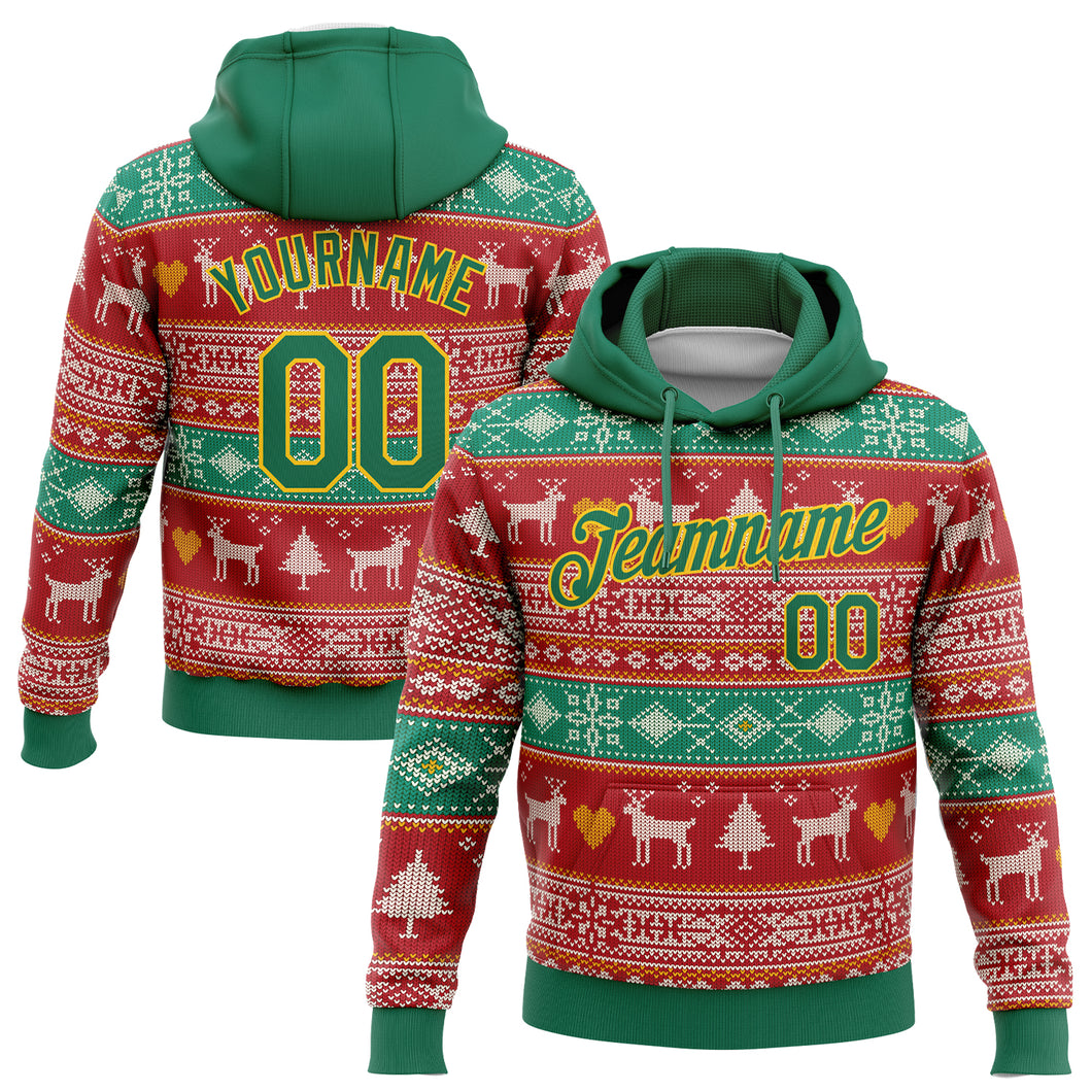 Custom Stitched Red Kelly Green-Gold 3D Christmas Reindeers Sports Pullover Sweatshirt Hoodie