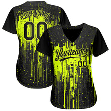 Load image into Gallery viewer, Custom Neon Green Black 3D Pattern Design Dripping Splatter Art Authentic Baseball Jersey
