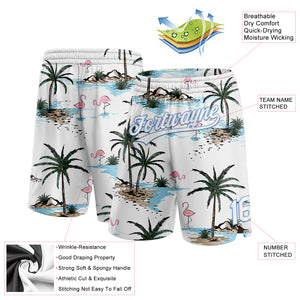 Custom White Light Blue 3D Pattern Hawaii Palm Trees Authentic Basketball Shorts