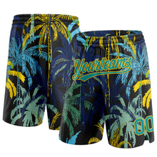 Load image into Gallery viewer, Custom Black Teal-Yellow 3D Pattern Hawaii Palm Trees Authentic Basketball Shorts
