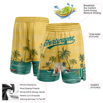 Custom Yellow Kelly Green-White 3D Pattern Hawaii Palm Trees And Island Authentic Basketball Shorts