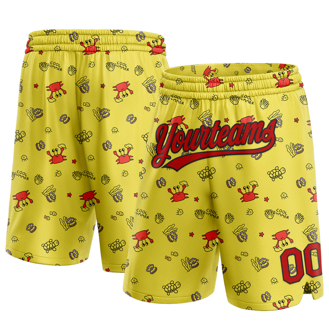 Custom Yellow Red-Black 3D Pattern Crabs And Shells Authentic Basketball Shorts