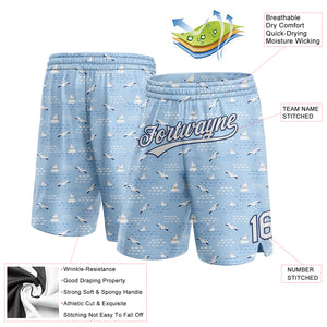 Custom Light Blue White-Navy 3D Pattern Seagulls Authentic Basketball Shorts