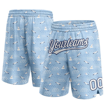 Custom Light Blue White-Navy 3D Pattern Seagulls Authentic Basketball Shorts