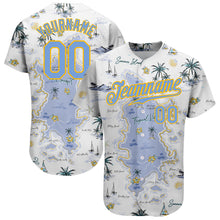 Load image into Gallery viewer, Custom White Light Blue-Yellow 3D Pattern Design Beach Hawaii Palm Trees And Island Authentic Baseball Jersey

