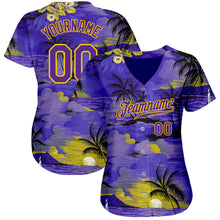 Load image into Gallery viewer, Custom Purple Yellow 3D Pattern Design Sun Beach Hawaii Palm Trees Authentic Baseball Jersey
