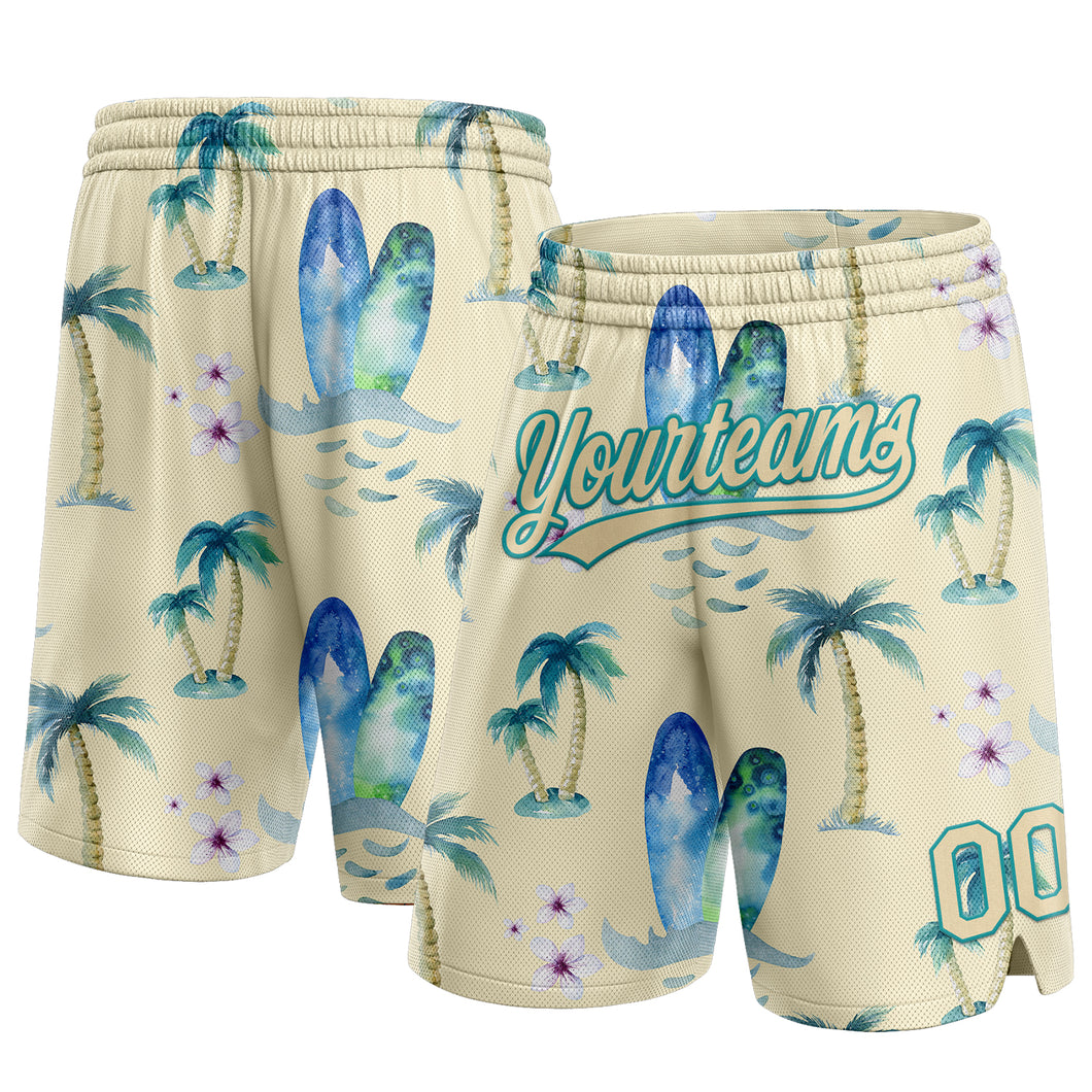 Custom City Cream Teal 3D Pattern Hawaii Coconut Palms Authentic Basketball Shorts