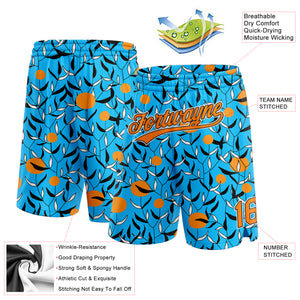 Custom Lakes Blue Bay Orange-Black 3D Pattern Hawaii Leaves And Orange Authentic Basketball Shorts