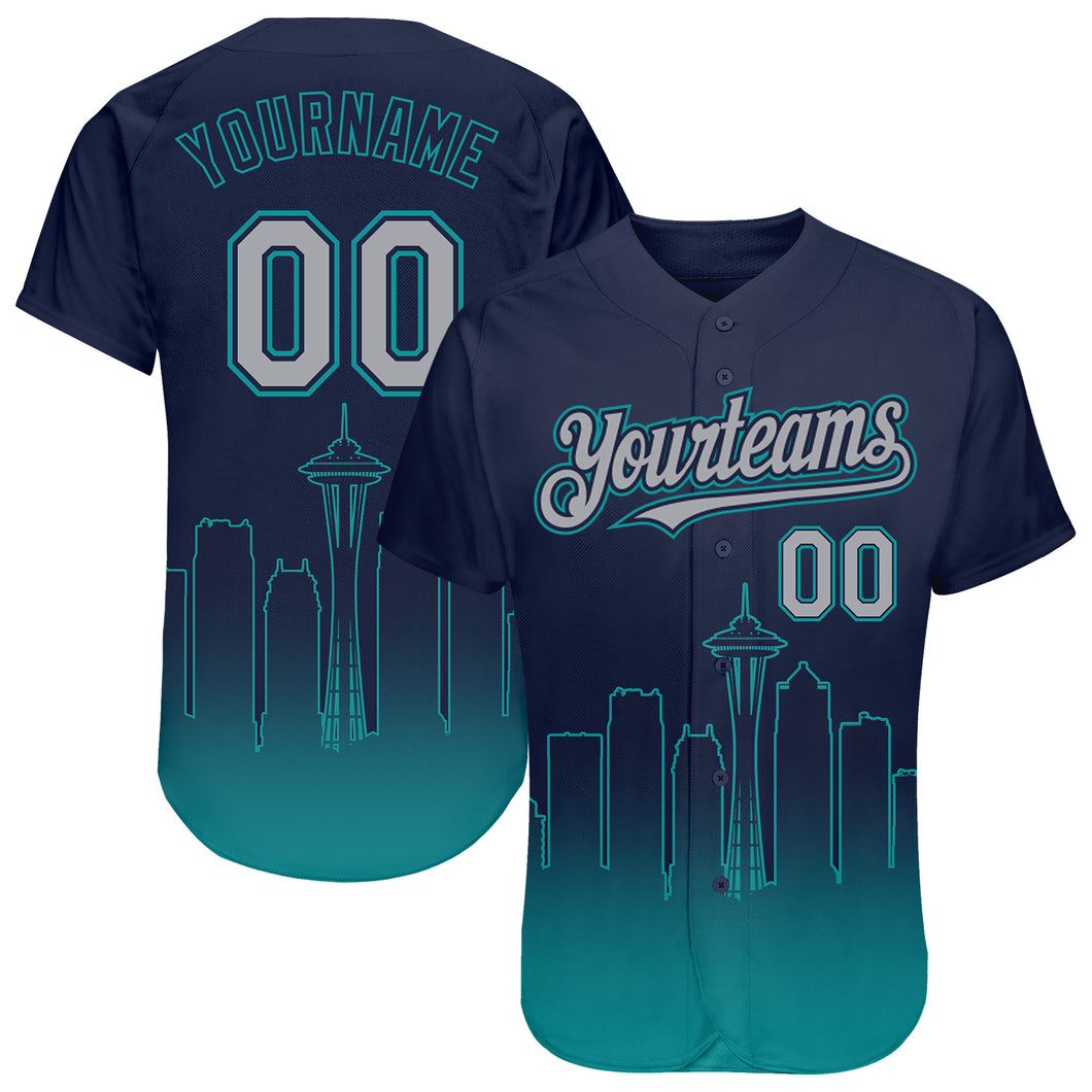 Custom Navy Gray-Teal 3D Seattle City Edition Fade Fashion Authentic Baseball Jersey