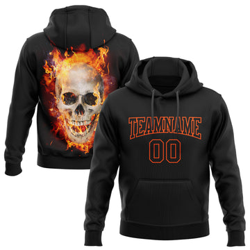 Custom Stitched Black Orange 3D Skull Fashion Flame Sports Pullover Sweatshirt Hoodie