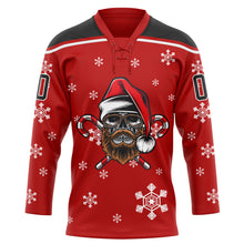 Load image into Gallery viewer, Custom Red Black-White Christmas Dog Wearing Santa Claus Costume 3D Hockey Lace Neck Jersey
