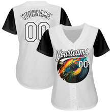 Load image into Gallery viewer, Custom White Black 3D Pattern Design Music Festival Record With Colorful Splatter Authentic Baseball Jersey
