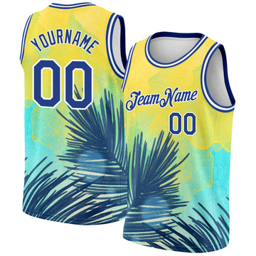 Custom Yellow Royal-White 3D Pattern Tropical Hawaii Leaves Authentic Basketball Jersey