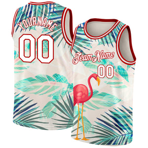 Custom White Red 3D Pattern Tropical Hawaii Leaves And Flamingo Authentic Basketball Jersey