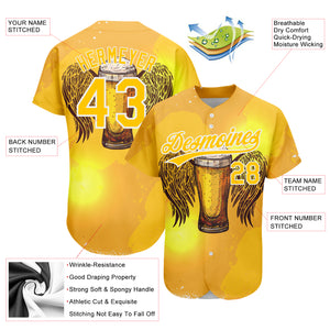 Custom Yellow White 3D Pattern Design Beer Authentic Baseball Jersey