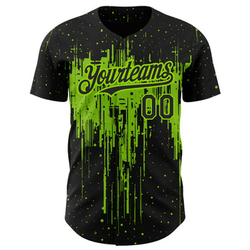 Custom Black Neon Green 3D Pattern Design Dripping Splatter Art Authentic Baseball Jersey