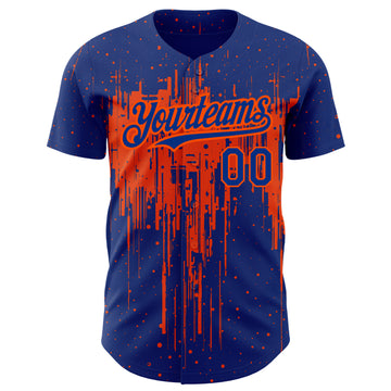 Custom Royal Orange 3D Pattern Design Dripping Splatter Art Authentic Baseball Jersey