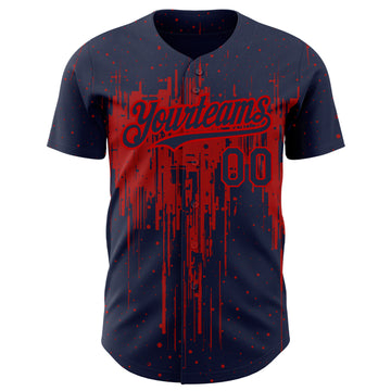 Custom Navy Red 3D Pattern Design Dripping Splatter Art Authentic Baseball Jersey