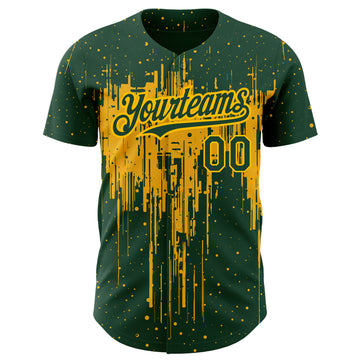 Custom Green Gold 3D Pattern Design Dripping Splatter Art Authentic Baseball Jersey