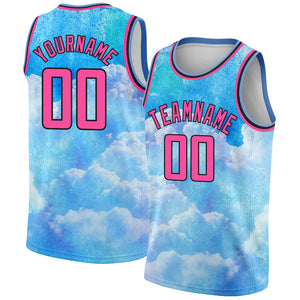 Custom Sky Blue Pink-Black 3D Pattern Design Sky With Clouds Watercolor Style Authentic Basketball Jersey