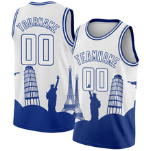 Load image into Gallery viewer, Custom White Royal Holiday Travel Monuments Silhouette Authentic City Edition Basketball Jersey
