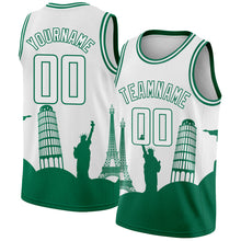 Load image into Gallery viewer, Custom White Kelly Green Holiday Travel Monuments Silhouette Authentic City Edition Basketball Jersey
