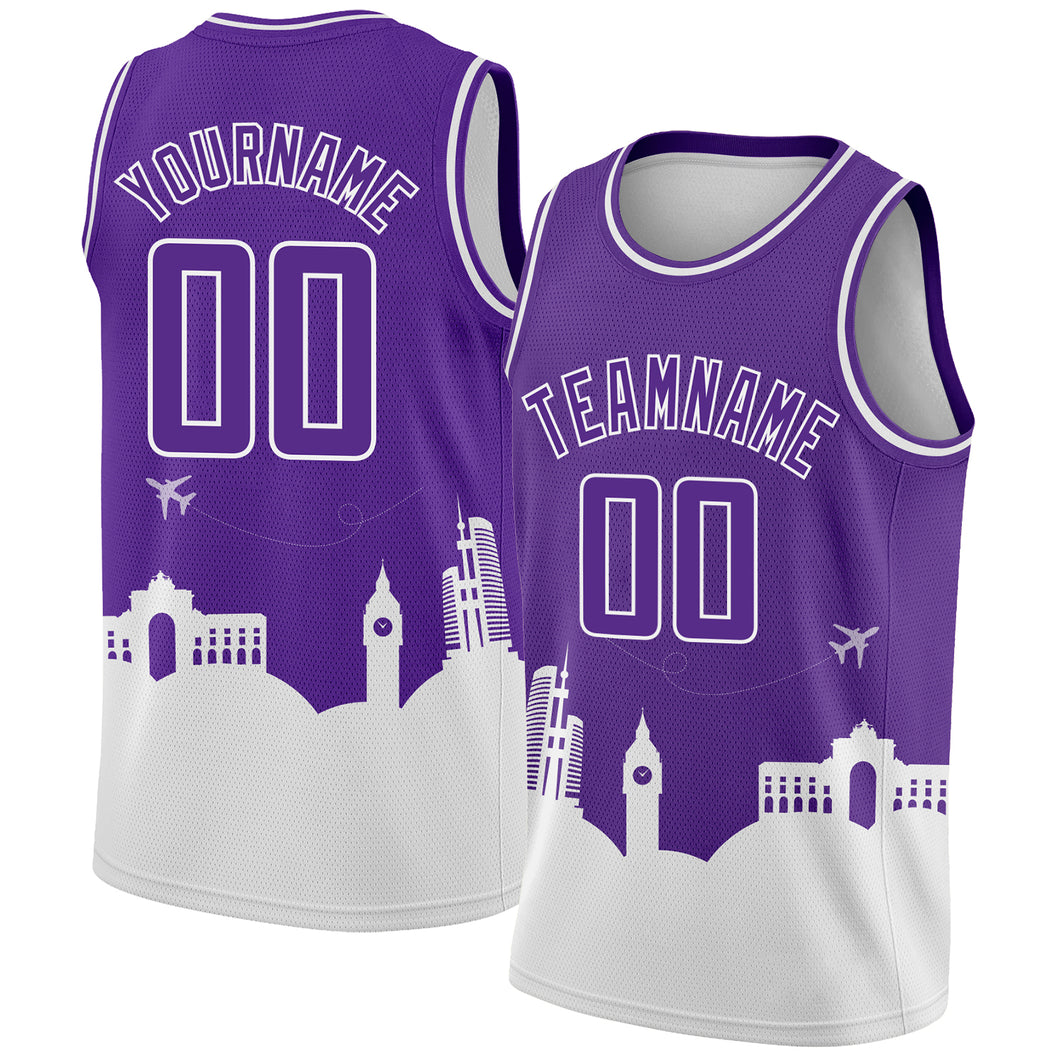 Custom Purple White Holiday Travel Monuments Silhouette Authentic City Edition Basketball Jersey