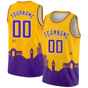 Custom Gold Purple-White Holiday Travel Monuments Silhouette Authentic City Edition Basketball Jersey