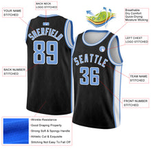 Load image into Gallery viewer, Custom Black Light Blue-White Geometric Shapes And Side Stripes Authentic City Edition Basketball Jersey
