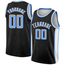 Load image into Gallery viewer, Custom Black Light Blue-White Geometric Shapes And Side Stripes Authentic City Edition Basketball Jersey
