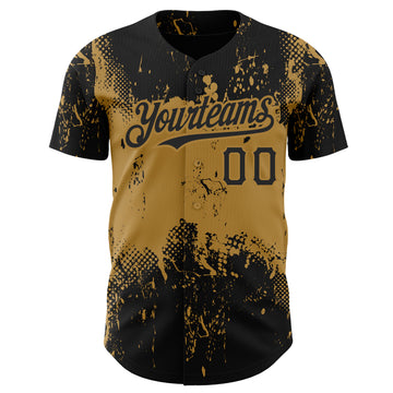 Custom Black Old Gold 3D Pattern Design Abstract Splatter Grunge Art Authentic Baseball Jersey