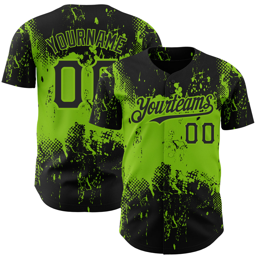 Custom Black Neon Green 3D Pattern Design Abstract Splatter Grunge Art Authentic Baseball Jersey