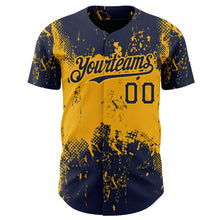 Load image into Gallery viewer, Custom Navy Gold 3D Pattern Design Abstract Splatter Grunge Art Authentic Baseball Jersey
