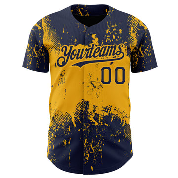 Custom Navy Gold 3D Pattern Design Abstract Splatter Grunge Art Authentic Baseball Jersey