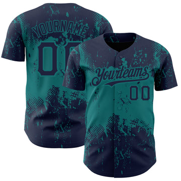 Custom Navy Teal 3D Pattern Design Abstract Splatter Grunge Art Authentic Baseball Jersey