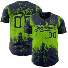 Load image into Gallery viewer, Custom Navy Neon Green 3D Pattern Design Abstract Splatter Grunge Art Authentic Baseball Jersey
