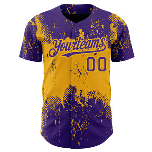 Custom Purple Gold 3D Pattern Design Abstract Splatter Grunge Art Authentic Baseball Jersey