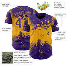 Load image into Gallery viewer, Custom Purple Gold 3D Pattern Design Abstract Splatter Grunge Art Authentic Baseball Jersey
