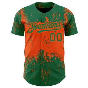 Custom Kelly Green Orange 3D Pattern Design Abstract Splatter Grunge Art Authentic Baseball Jersey