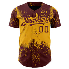 Load image into Gallery viewer, Custom Burgundy Gold 3D Pattern Design Abstract Splatter Grunge Art Authentic Baseball Jersey
