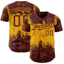 Load image into Gallery viewer, Custom Burgundy Gold 3D Pattern Design Abstract Splatter Grunge Art Authentic Baseball Jersey
