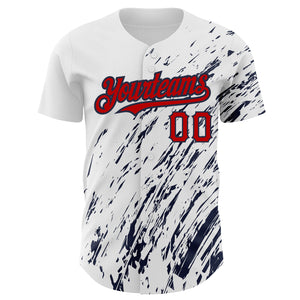 Custom White Red-Navy 3D Pattern Design Abstract Splash Authentic Baseball Jersey